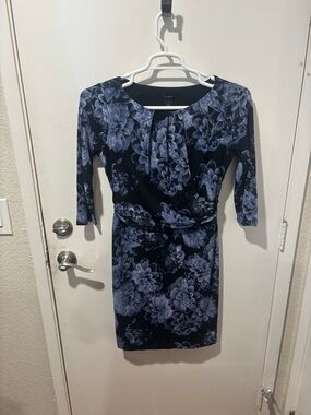 Ann Taylor Navy Floral Long Sleeve Sheath Dress